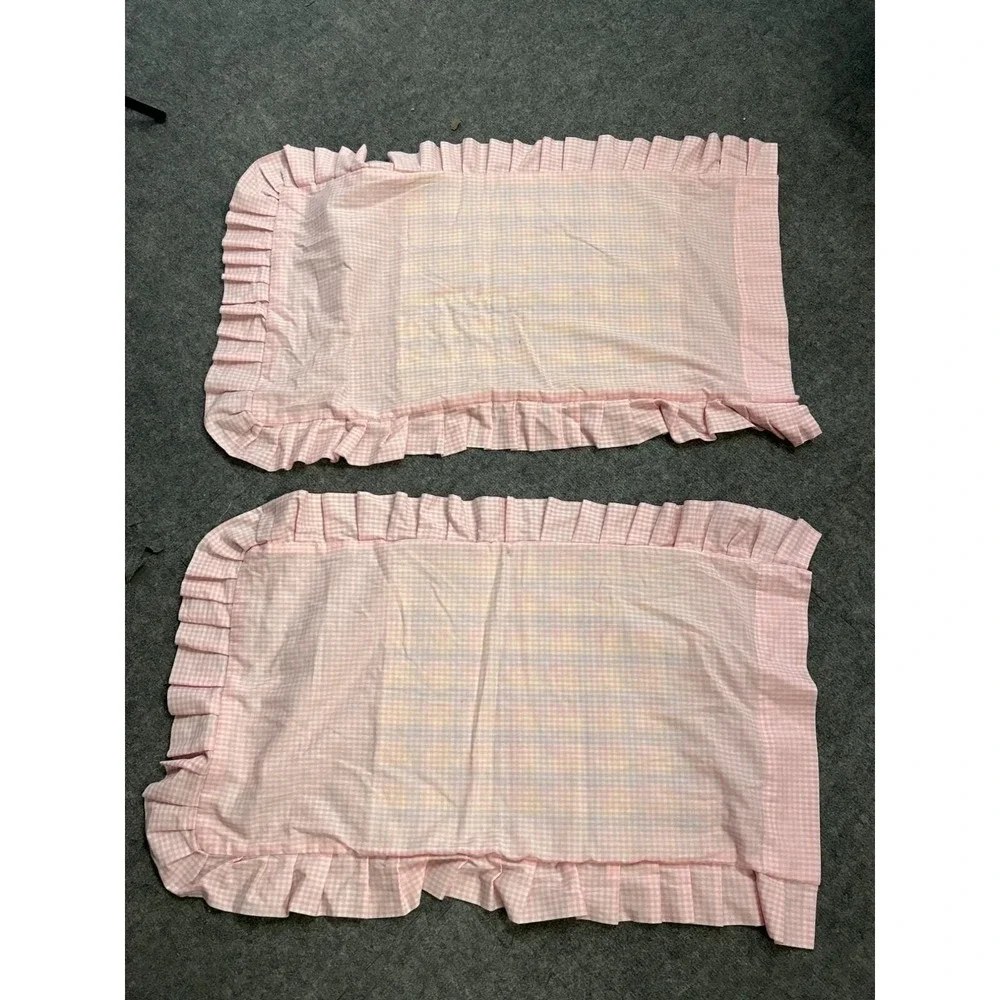 Pink Gingham Embroidered Standard Pillow‎ Shams Ruffled Girl in Dress